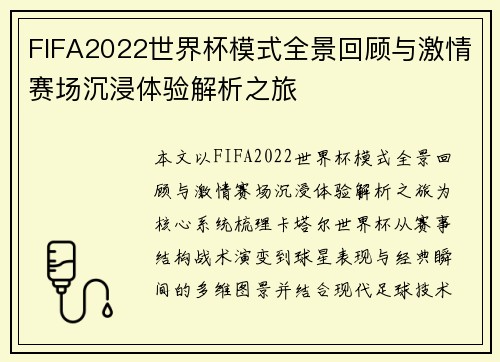 FIFA2022世界杯模式全景回顾与激情赛场沉浸体验解析之旅